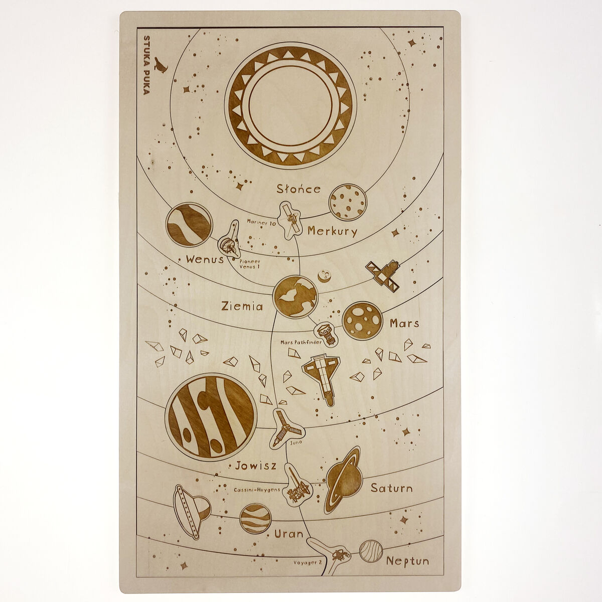 Holzpuzzle mit dem Titel »Kosmos«, das das Sonnensystem mit den Planeten und deren Umlaufbahnen zeigt. Die Planeten und Umlaufbahnen sind in verschiedenen Brauntönen auf einem beigefarbenen Hintergrund dargestellt.