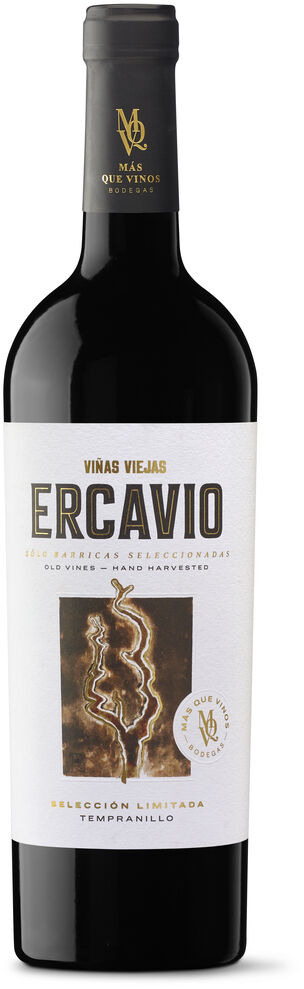 Eine einzelne Flasche spanischer Rotwein der Marke Ercavio von Mas Que Vinos mit weißem Etikett, goldfarbenen Akzenten und klar lesbarem Schriftzug auf hellem Hintergrund. Die Weinflasche präsentiert sich als hochwertige Geschenkidee oder Genussprodukt für festliche Anlässe und anspruchsvolle Weinliebhaber.