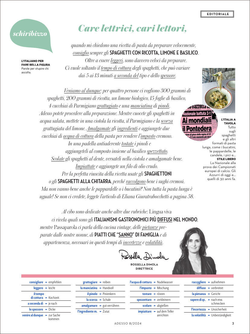 Adesso Magazin Ausgabe 08/2024. Die Startseite enthält einen Begrüßungsbrief der Redaktion, ein Editorial und ein Bild einer Pasta-Schüssel auf der linken Seite. Weiterhin sind Schlagzeilen von Artikeln und eine Abbildung von Spaghetti-Rezepten zu sehen. Farben hauptsächlich weiß, schwarz, rot, grün und gelb.