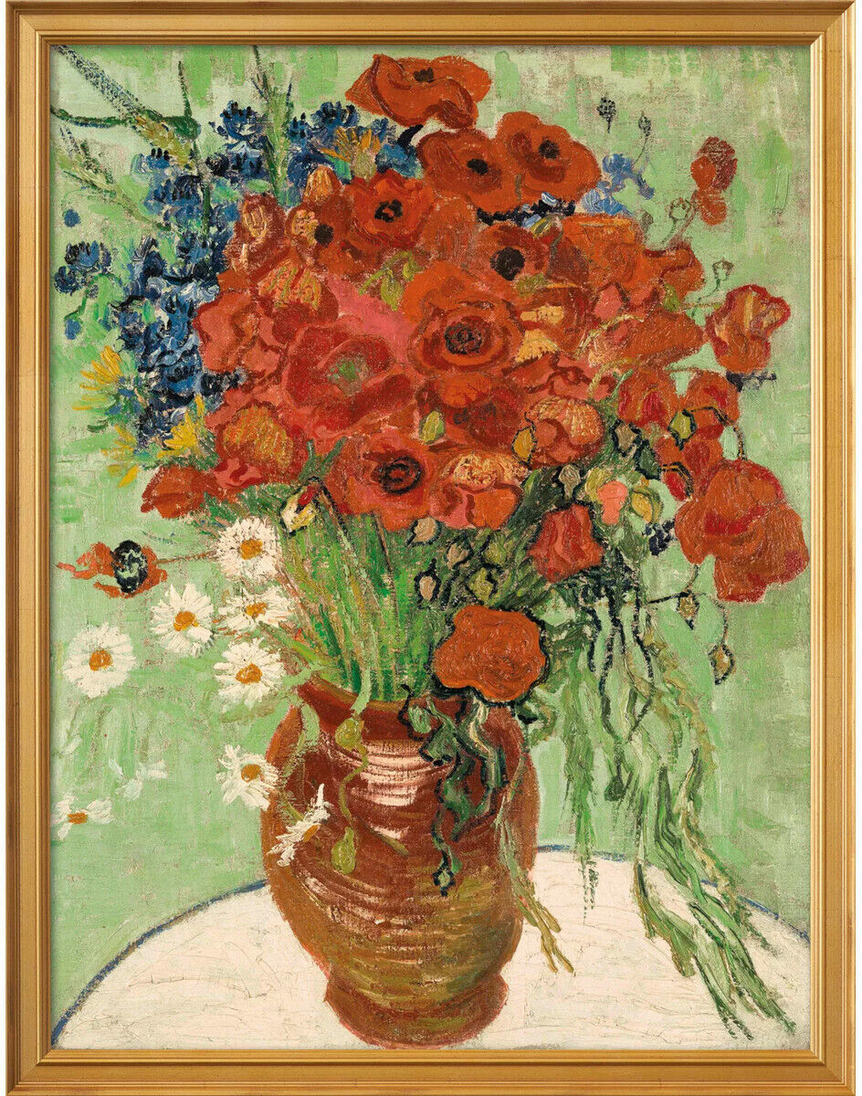 Stillleben von Vincent van Gogh aus dem Jahr 1889, dargestellt sind eine mit Gänseblümchen und Mohn gefüllte Vase vor einem grünen Hintergrund.