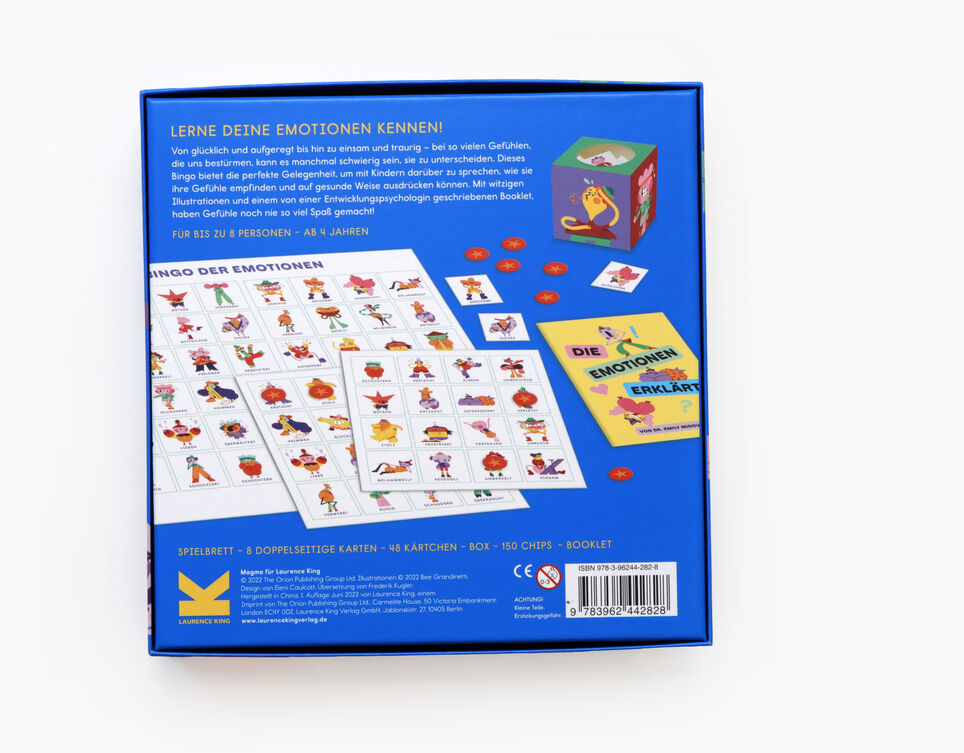 Das Bild zeigt die Rückseite des Produkts 'Bingo der Emotionen'. Es zeigt bunte Kartons, Spielkarten mit verschiedenen Emotionen und ein Anleitungsheft. Das Design ist hell und farbenfroh.