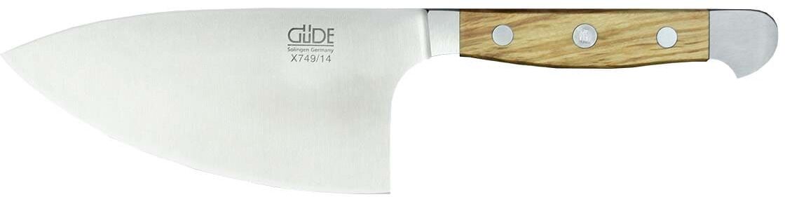 Dieses Bild zeigt das Kräutermesser »Shark« mit einer Edelstahlklinge und einem Holzgriff. Das Messer hat eine breite Klinge mit spitzer Spitze und ist mit drei Nieten am Holzgriff befestigt.