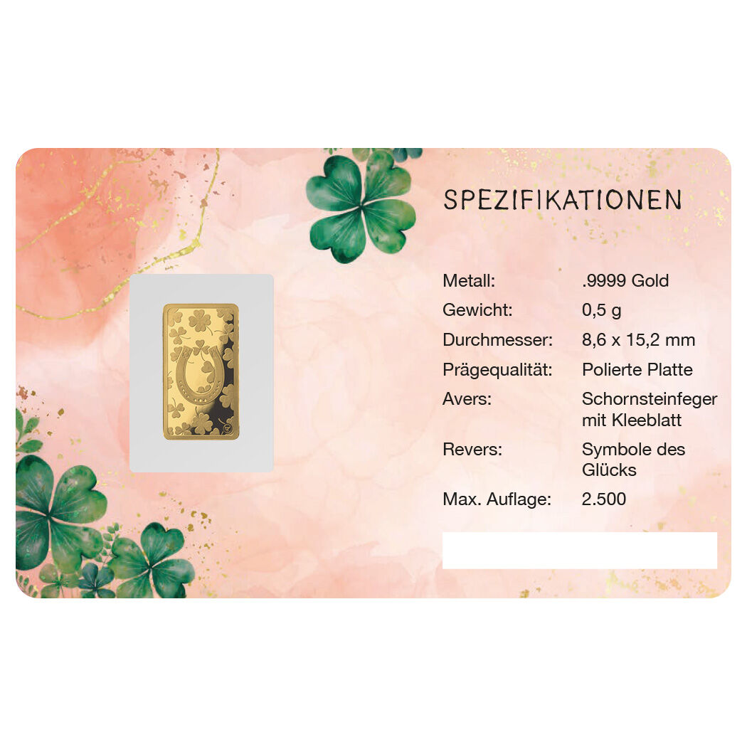 Ein rechteckiger Goldmünzbarren mit dem Motiv eines Schornsteinfegers und vierblättrigen Kleeblatts liegt in einer schützenden Verpackung. Das Design enthält grüne Kleeblätter und einen rosa-weiß gemusterten Hintergrund mit goldenen Akzenten. Rechts daneben sind Spezifikationen wie Material, Gewicht, Maße und Prägequalität aufgeführt.