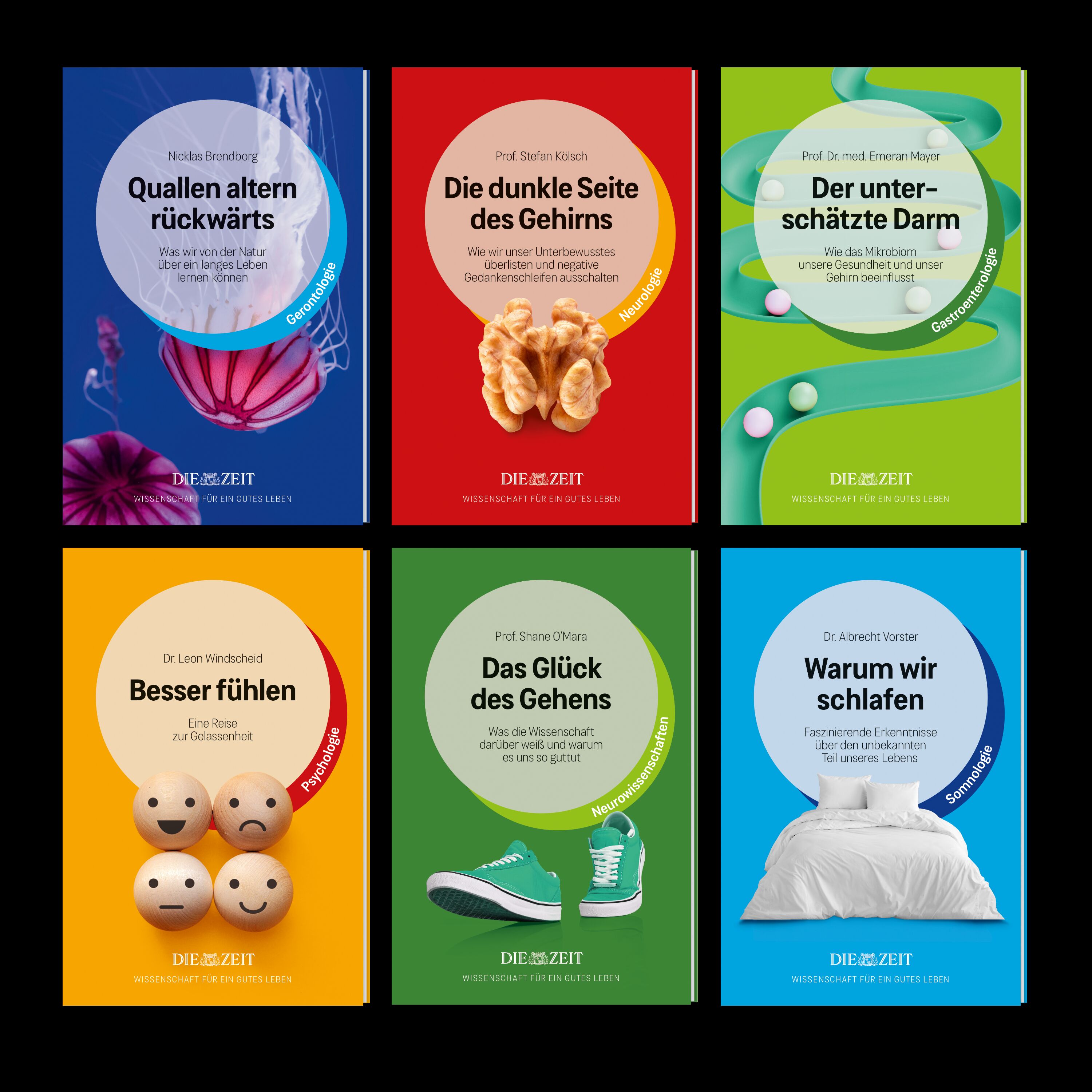 Das Bild zeigt eine Kollektion von sechs farbenfrohen Büchern der ZEIT-Edition »Wissenschaft für ein gutes Leben«. Jedes Cover stellt ein wissenschaftliches Thema rund um Gesundheit und Lebensqualität dar, illustriert mit passenden Symbolen wie Quallen, Gehirn, Darm, Holzkugeln, grüner Turnschuh und einem Bett. Die Titel sind klar lesbar und die Cover sind in kräftigen Blau-, Grün-, Rot-, Orange- und Beigetönen gestaltet.