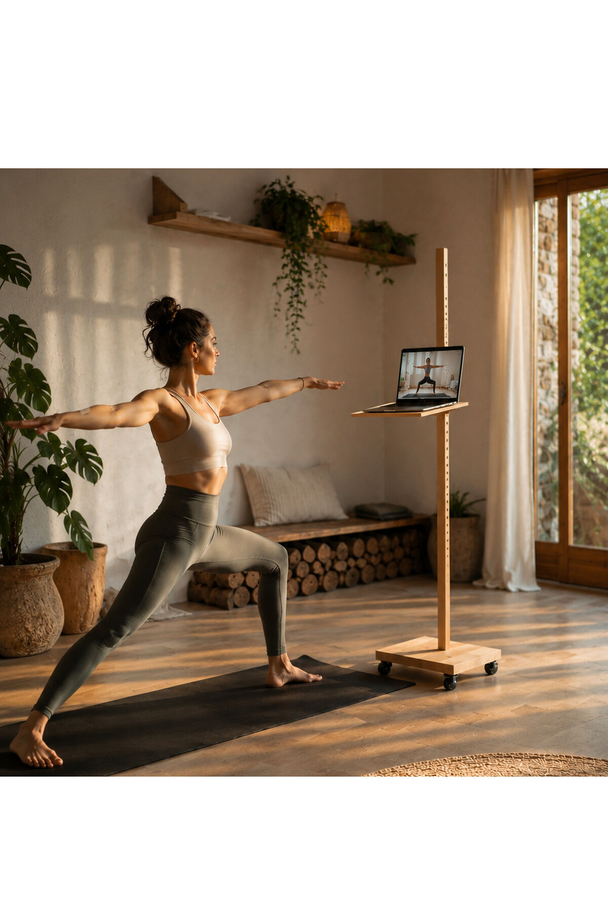 Eine Frau macht Yoga im Wohnzimmer und folgt online auf einem Laptop, der auf dem mobilen Device Stativ "ERA" von Frau Caze aus Eiche natur und Birkensperrholz steht. Das Stativ ist modern gestaltet, Sonneneinfall, Stil mit Pflanzen und Holzdetails, gemütliche Atmosphäre.