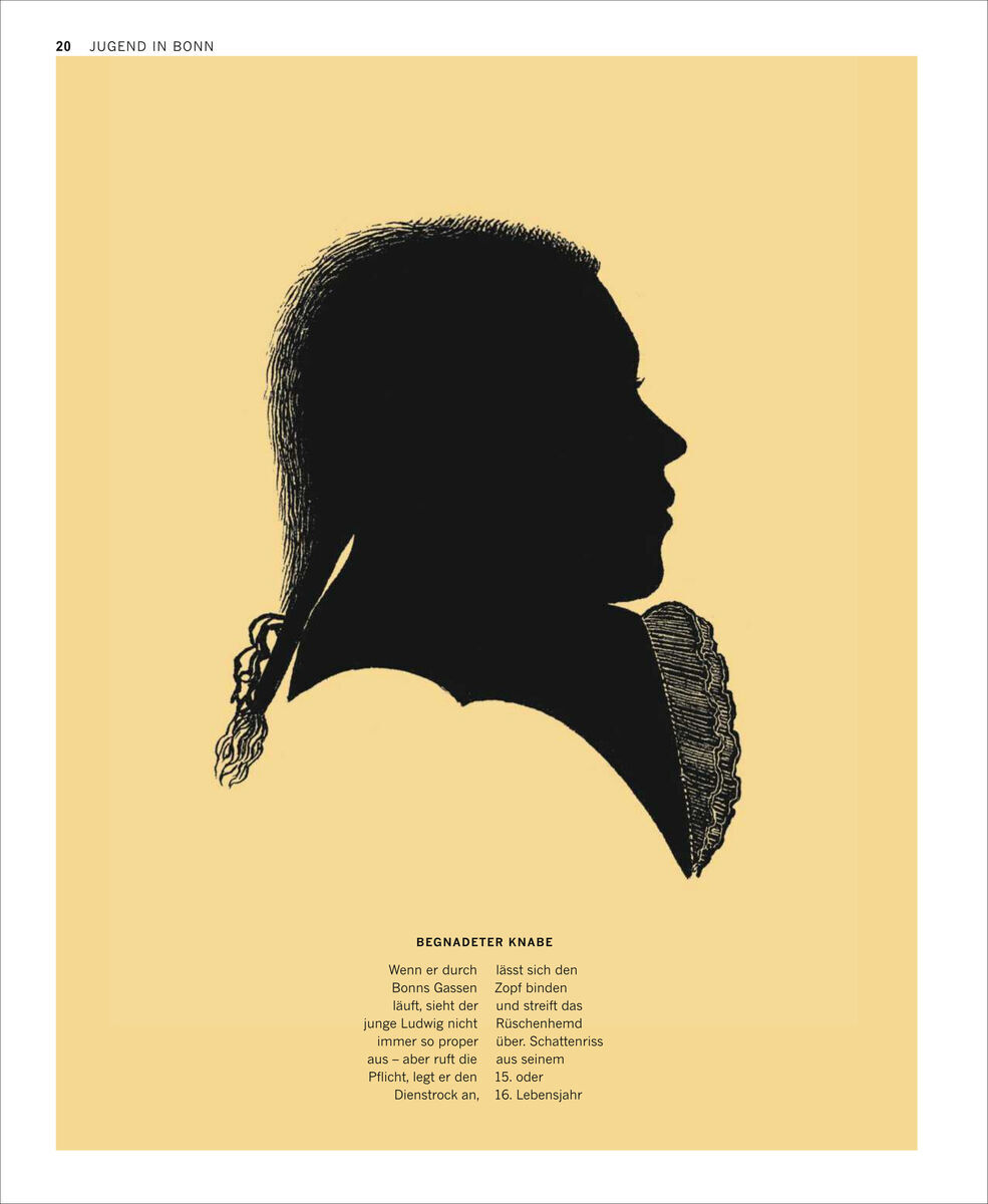 Ein Scherenschnitt-Porträt von Beethoven auf gelbem Hintergrund mit begleitendem Text darunter.