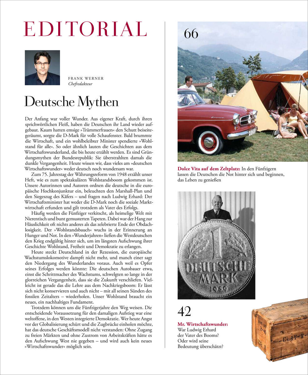 ZEIT GESCHICHTE 4/23 Wunderjahre: Eine Magazinseite mit dem Titel Deutsche Mythen, einem Foto von Frank Werner und einem redaktionellen Text. Enthält Bilder eines alten Autos, Campingplatzes und einer großen Deutschen Mark Münze von 1950. Dazu ein Bild einer Holzkiste.