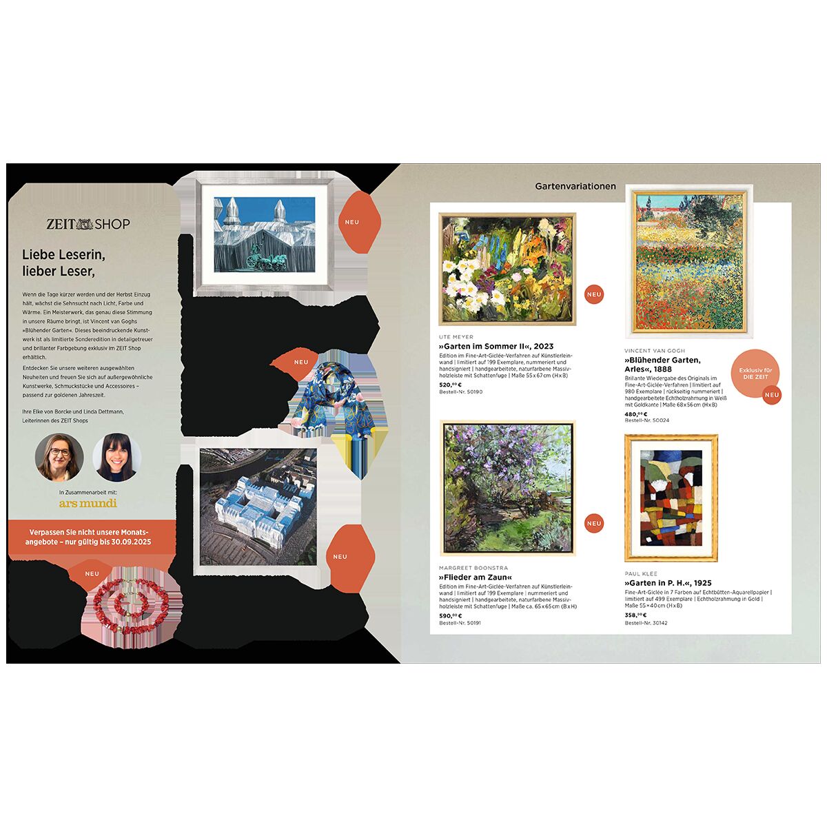 Doppelseite eines Kunstkatalogs mit Abbildungen verschiedener Gemälde im Stil der modernen und impressionistischen Kunst, kurzen Beschreibungen, Preisangaben und Produkthinweisen auf weißem und hellgrauem Hintergrund. Enthalten sind Blumen-, Landschafts- und abstrakte Motive zur Inspiration und Dekoration.