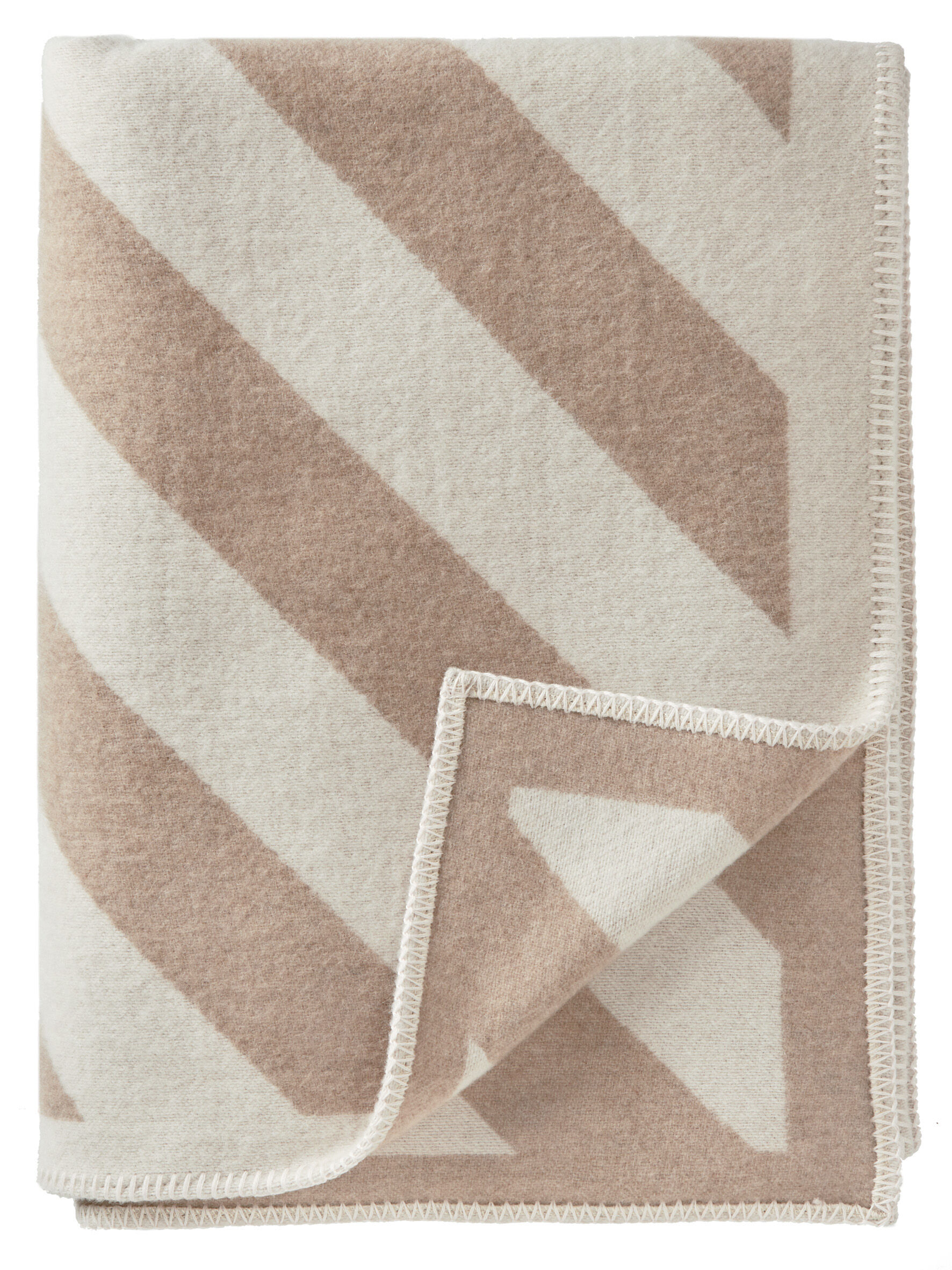 Eine weiche, luxeriöse Kaschmirdecke in den Farben Beige und Creme mit einem gestreiften Muster, perfekt als stilvolles Accessoire für Wohnräume.