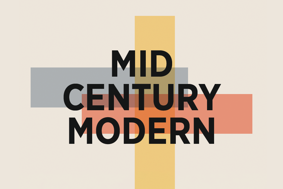 Schriftzug 'MID CENTURY MODERN' vor überlappenden farbigen Rechtecken in Grau, Gelb, Orange und Rot