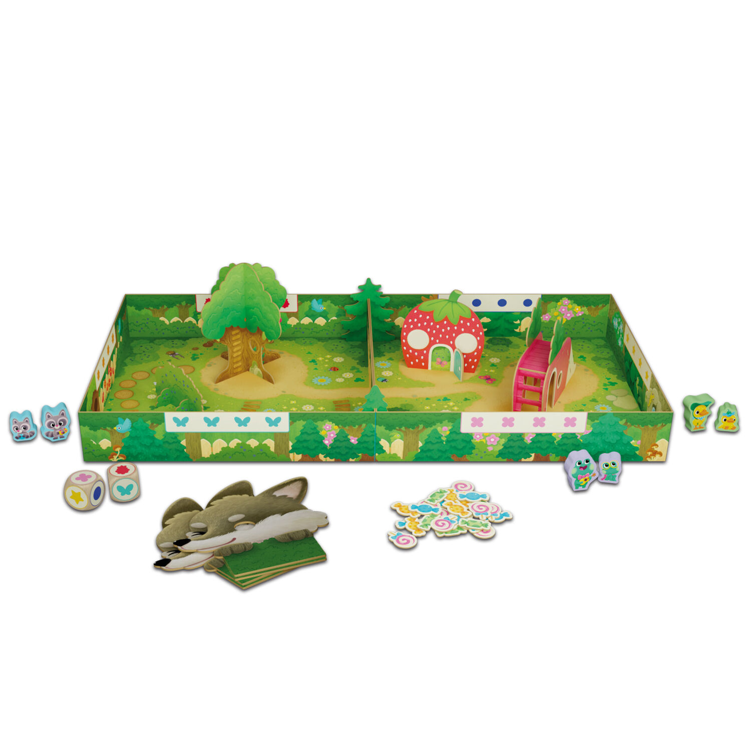 Brettspiel 'Versteckt euch, Freunde!' mit waldartiger Spielfläche, buntem Häuschen, Baum, Spielfiguren und Pappteilen, ideal für Kinder und kooperative Spiele.