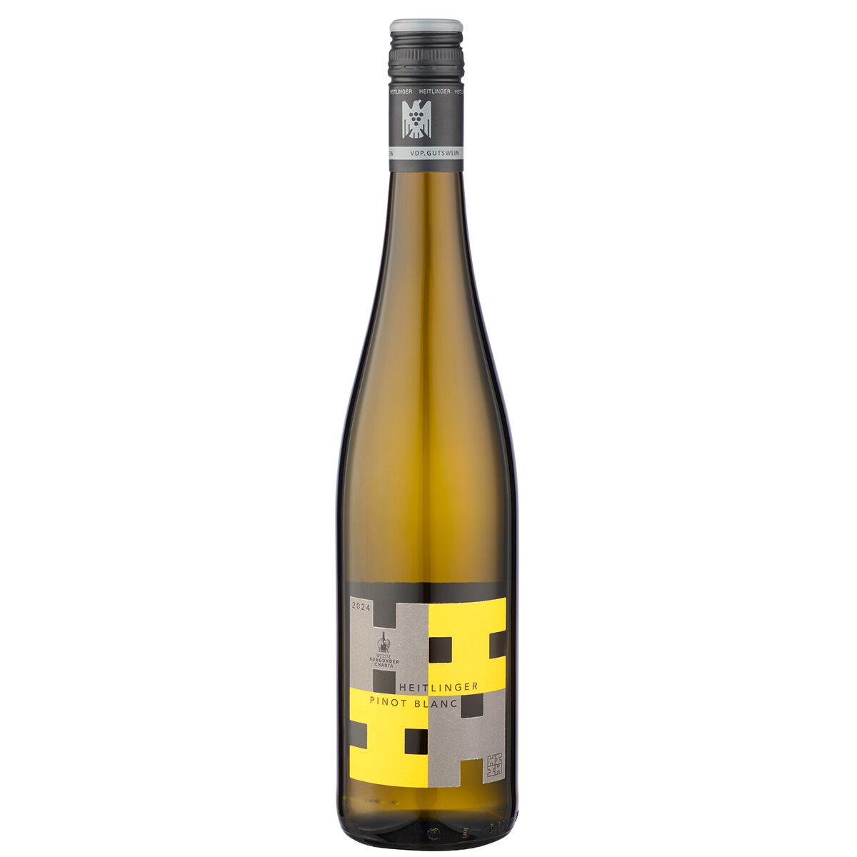 Eine schlanke 0,75-Liter-Weißweinflasche der ZEIT-Weinedition »Baden« mit silbernem Schraubverschluss und modern gestaltetem, geometrisch-gelbem Etikett steht aufrecht vor weißem Hintergrund. Die Aufschrift 'Pinot Blanc' ist auf dem Etikett zu erkennen.