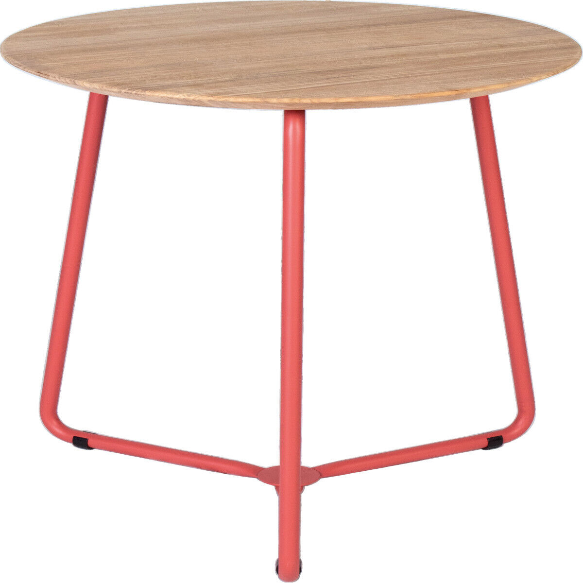 Ein runder Bistrotisch aus Teakholz mit einem roten Metallgestell. Perfekt für Balkon oder Garten.