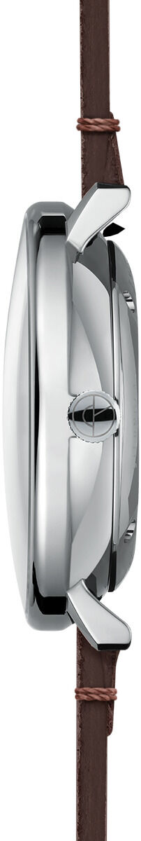 Seitenansicht einer eleganten Automatikuhr mit grün-blauem Zifferblatt und braunem Lederarmband aus der ZEIT-Sonderedition »Hamburg Automatic«.