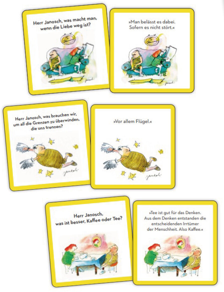Memo-Spiel »Wondrak für alle Lebenslagen« von Janosch mit Illustrationen und humorvollen Fragen auf gelben Karten. Geeignet für Kinder und Familien.