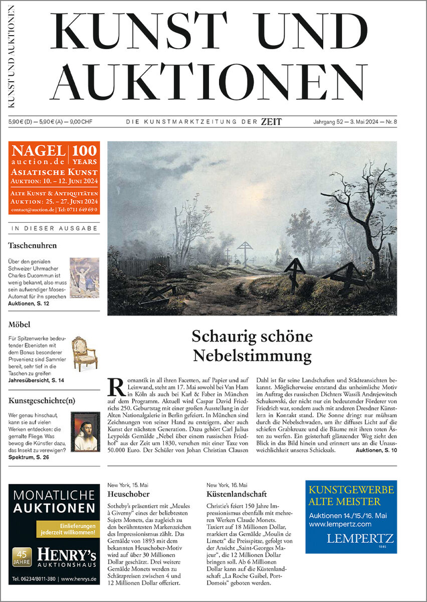 Titelblatt der Zeitung 'Kunst und Auktionen' mit einem stimmungsvollen Gemälde im oberen Teil. Die Überschrift und mehrere Artikel und Anzeigen sind auf der Seite zu sehen.
