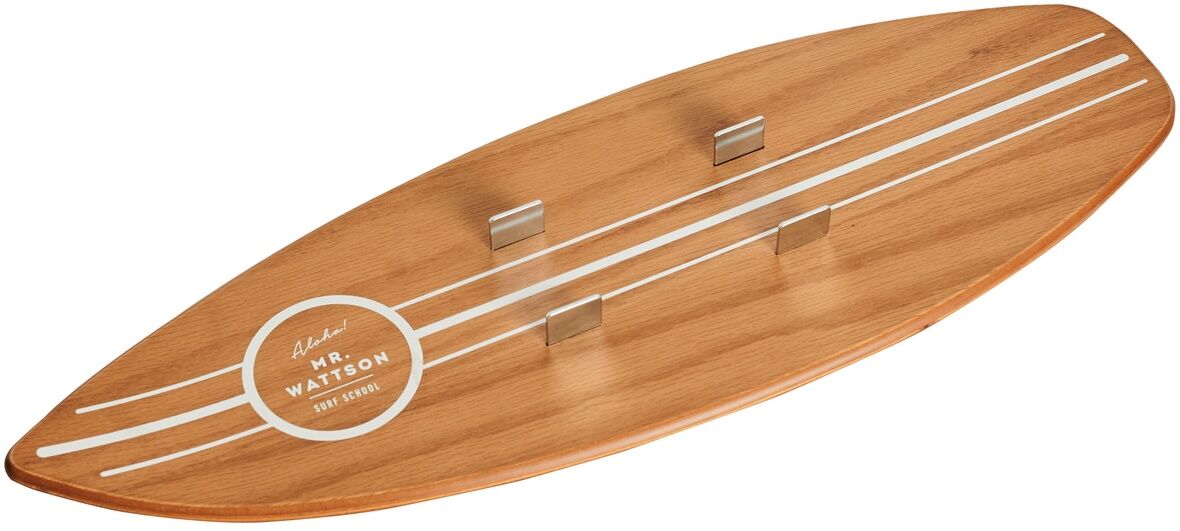 Surfboard »Mr. Wattson« aus Holz in brauner Holzoptik mit weißen Zierstreifen und silbernen Halterungen.