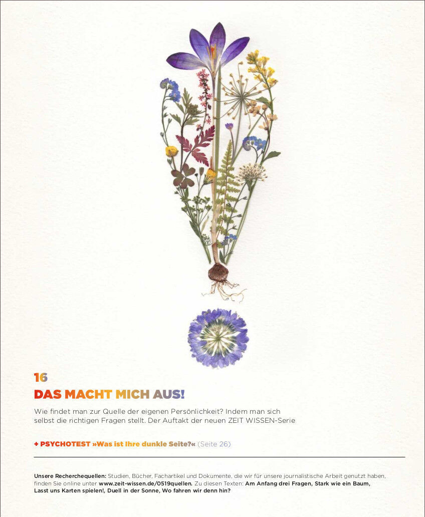 ZEIT WISSEN 5/19 Das macht mich aus! Zeitschriftentitel mit Blumenillustration und psychologischem Thema.