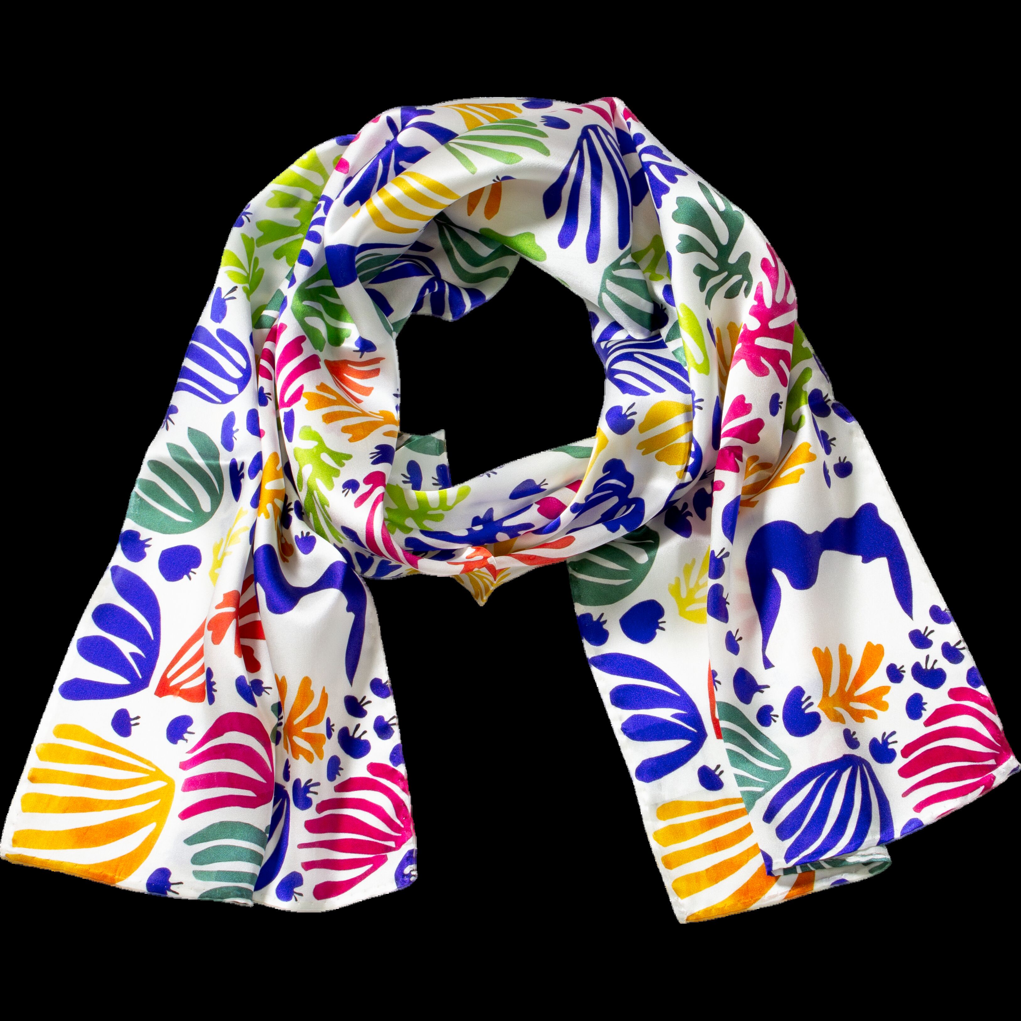 Bunter Seidenschal nach Henri Matisse, Motiv »La perruche et la sirène«, zeigt abstrakte Blätter und Formen in kräftigen Farben wie Blau, Grün, Gelb, Pink, Orange und Lila auf weißem Hintergrund. Das Design wirkt verspielt, künstlerisch und modern.