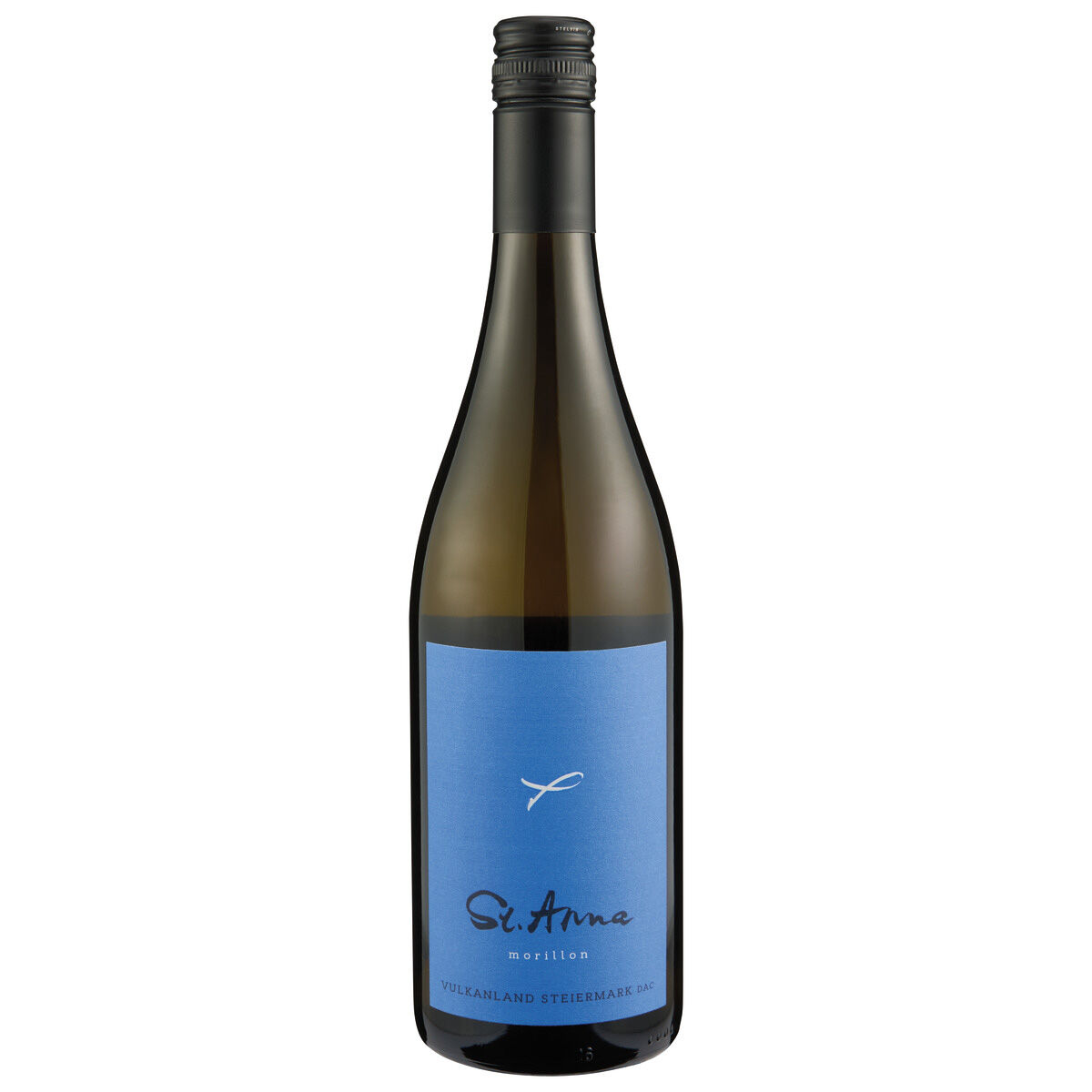 Eine elegante Weißweinflasche mit schraubverschluss. Das Etikett ist in kräftigem Blau gehalten und zeigt den Schriftzug "St. Anna Morillon" sowie dezente weiße Designelemente. Die Flasche steht vor weißem Hintergrund und wirkt klar und hochwertig.