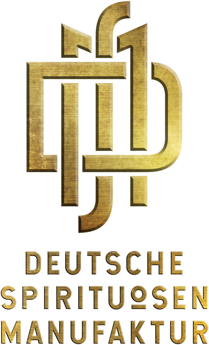 Logo der Deutschen Spirituosen Manufaktur in goldenen Buchstaben auf weißem Hintergrund.