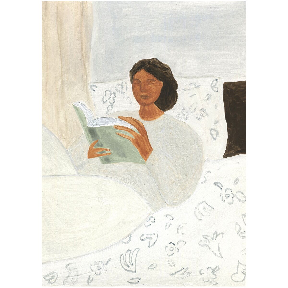 Illustration einer Frau, die in einem hellen Raum im Bett sitzt und ein Buch liest. Der Raum hat eine ruhige und minimalistische Atmosphäre mit weichen Beigetönen und Akzenten in Grün und Braun. Die Bettwäsche ist mit floralen Mustern verziert.
