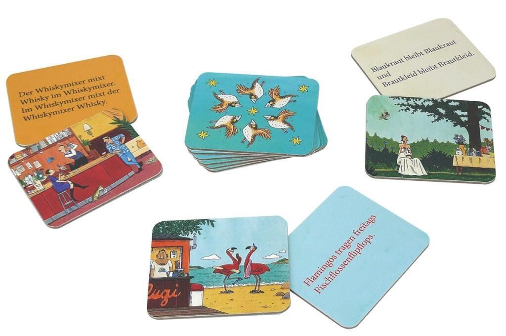 Ein Stapel Spielkarten mit bunten Illustrationen und Texten. Die Karten zeigen verschiedene Szenen und Sprüche auf Deutsch, die humorvoll sind. Das Spiel heißt 'Der Flugplatzspatz nahm auf dem Flugblatt Platz'.