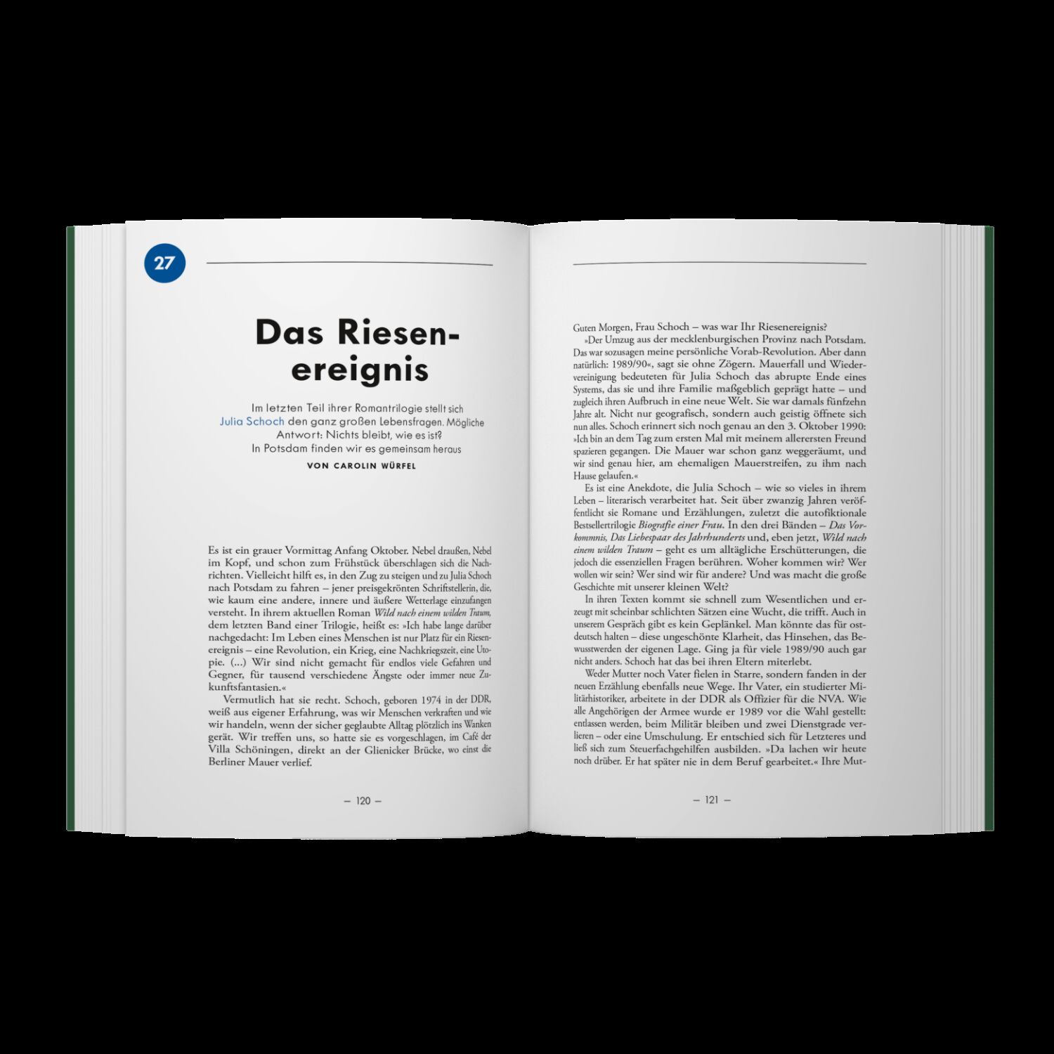 Geöffnetes Buch mit zwei sichtbaren Innenseiten, linker Seite mit Kapitelüberschrift "Das Riesenereignis" und Text, rechts fortlaufender Fließtext. Modernes, klares Layout mit gut lesbarer Schrift, links blaues Kreissymbol mit der Zahl 27, Seitenzahlen unten. Klare Gliederung und hochwertiger Druck.