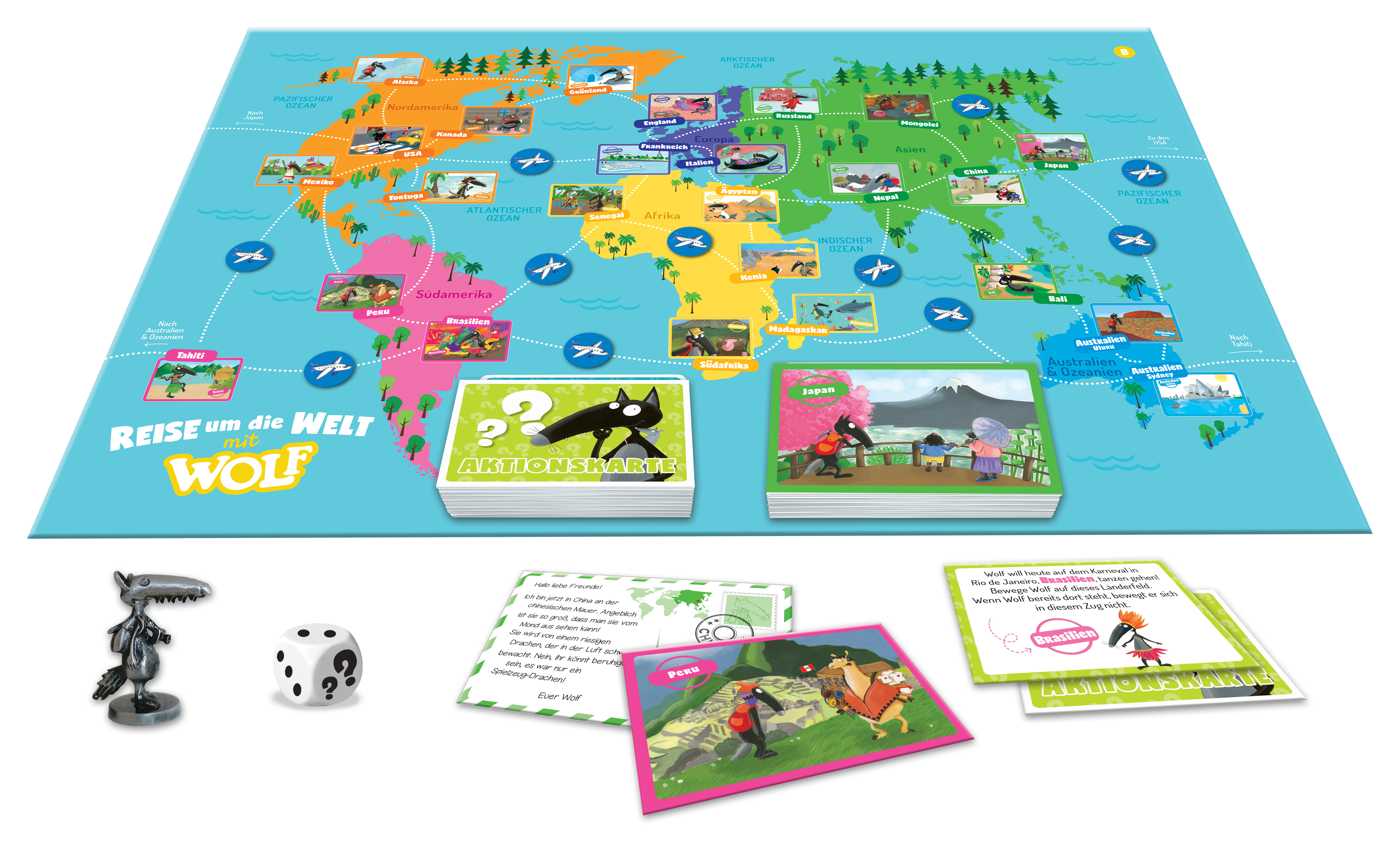 Das Bild zeigt das Brettspiel »Reise um die Welt mit Wolf«. Auf dem farbenfrohen Spielbrett ist eine Weltkarte abgebildet, auf der verschiedene Stationen und Illustrationen zu sehen sind. Vor dem Spielfeld liegen Spielfiguren, ein Würfel sowie Karten mit Aufgaben und Bildern. Das Spiel wirkt einladend für Familien und Kinder, die gemeinsam Abenteuer erleben und geografisches Wissen entdecken möchten.