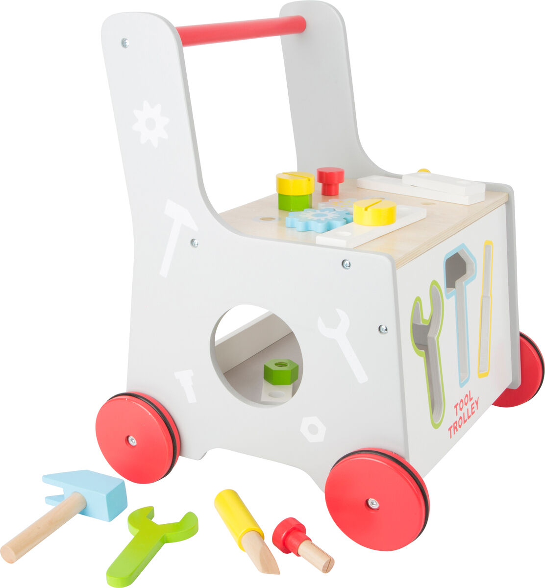 Ein multifunktionaler Lauflernwagen für Kinder aus Holz in neutraler Holzfarbe, mit farbigen Werkzeugen und Rädern, ideal zur Förderung der Motorik und Kreativität.