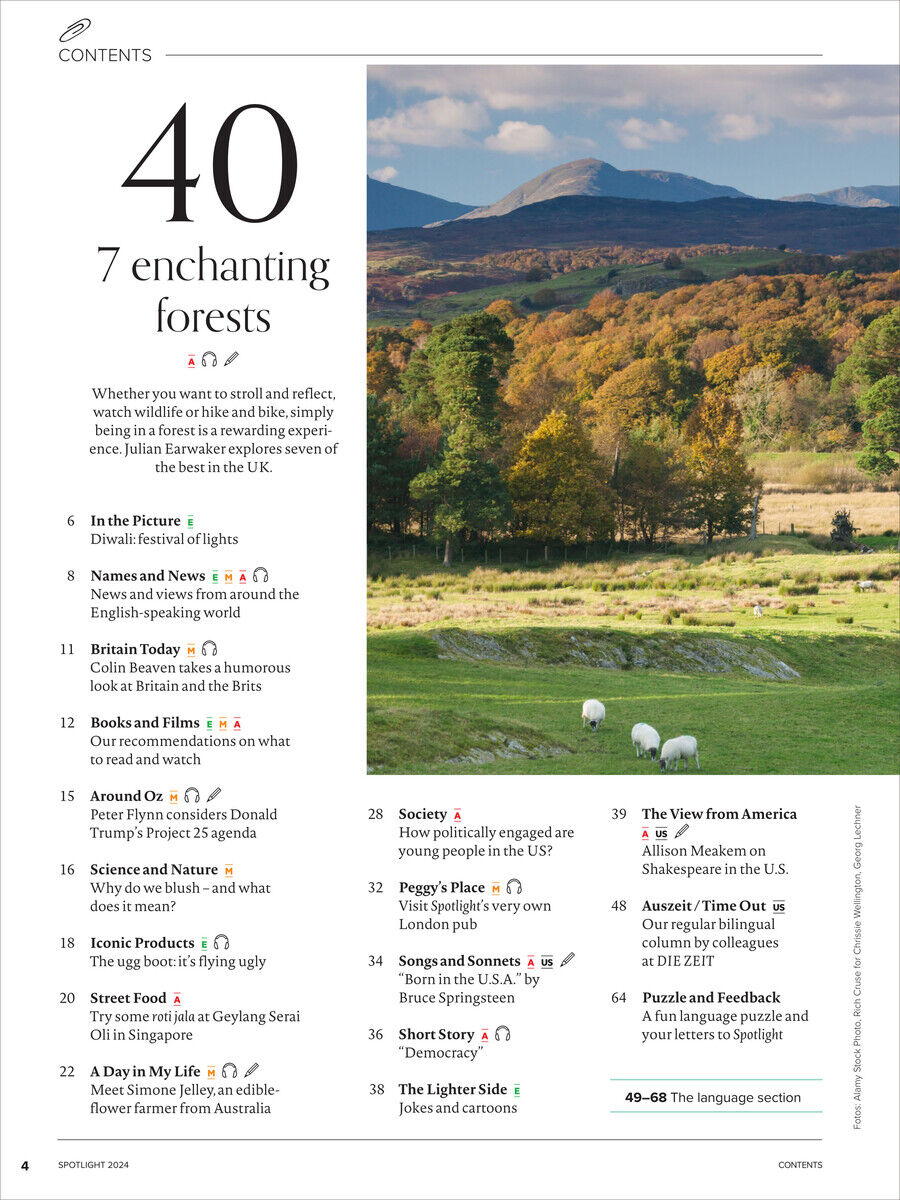 Inhaltverzeichnis eines Magazins mit Titel '40 spannende Wälder'. Das Foto zeigt eine Landschaft mit Hügeln und Bäumen im Herbst.