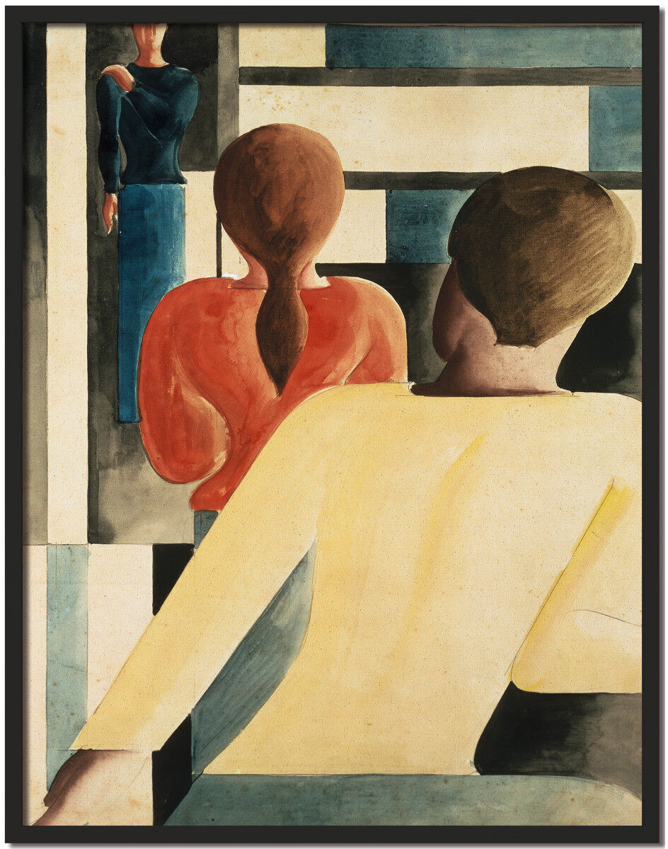 Eine abstrakte Formen- und Figurenkomposition in Blau, Gelb und Rot von Oskar Schlemmer aus dem Jahr 1931. Das Bild zeigt drei stilisierte Figuren in geometrischer Umgebung.