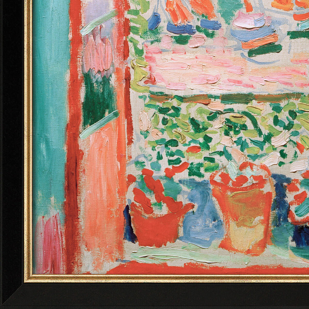 Ausschnitt aus Henri Matisse' „Offenes Fenster in Collioure“, 1905, hochwertige Giclée-Kunstreproduktion. Sichtbar sind leuchtende Farben, Blumenkübel und ein dekoratives Fenster im schwarz-goldenen Rahmen, limitiert und gerahmt. Perfekt für Kunstliebhaber.