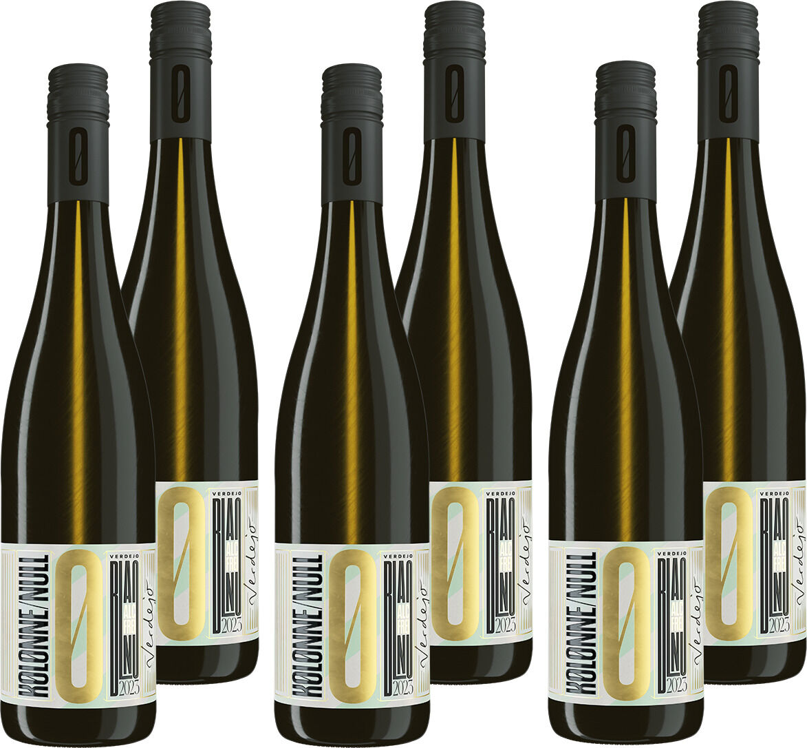 Sechs Flaschen alkoholfreier Weißwein Verdejo 2023 mit modernem Etikett. Die Flaschen sind in einer 6er Anordnung präsentiert, geeignet für festliche Anlässe und erfrischende Genussmomente.