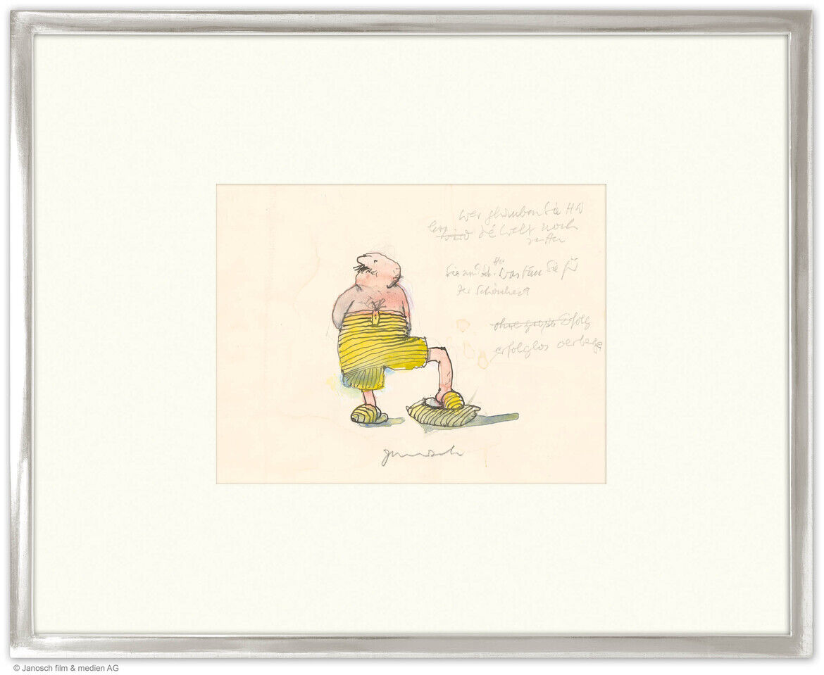 Ein gerahmtes Kunstwerk mit der Illustration »Wondrak der Schöne« von Janosch. Das Bild zeigt eine humorvolle, handgezeichnete Figur in einem einfachen, skizzenhaften Stil. Die dominierenden Farben sind Beige, Gelb, Grün, Rosa und Grau.
