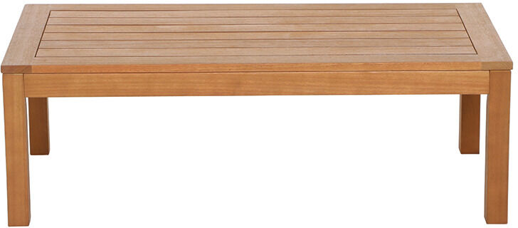 Rechteckiger Gartentisch aus Holz mit klarer, gerader Linienführung. Der Tisch hat eine glatte, braune Oberfläche und vier stabile Beine.