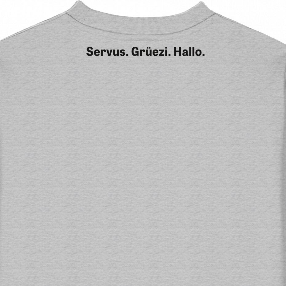 Rückseite eines hellgrauen Sweaters mit den Worten 'Servus. Grüezi. Hallo.' in schwarzer Schrift im Nackenbereich. Der Pullover hat ein minimalistisches Design und stellt Begrüßungen aus dem deutschsprachigen Raum dar.