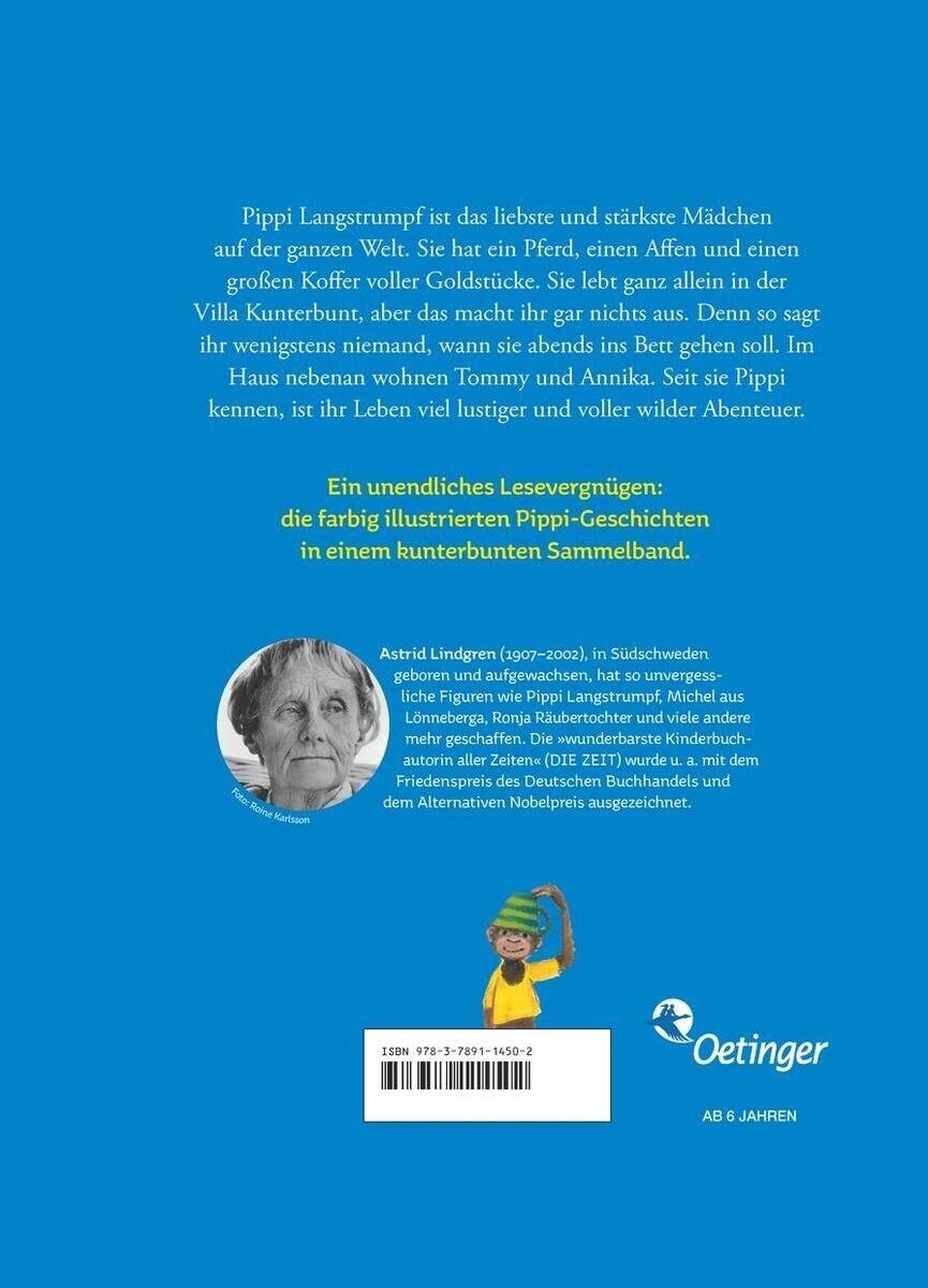 Das Bild zeigt die Rückseite des Buches 'Pippi Langstrumpf. Alle Abenteuer in einem Band', das von Astrid Lindgren verfasst wurde. Die Rückseite ist überwiegend blau und beinhaltet eine kurze Beschreibung der Geschichten sowie ein Foto der Autorin. Ein kleiner, gelber Bereich am unteren Rand enthält das Logo des Verlags Oetinger.
