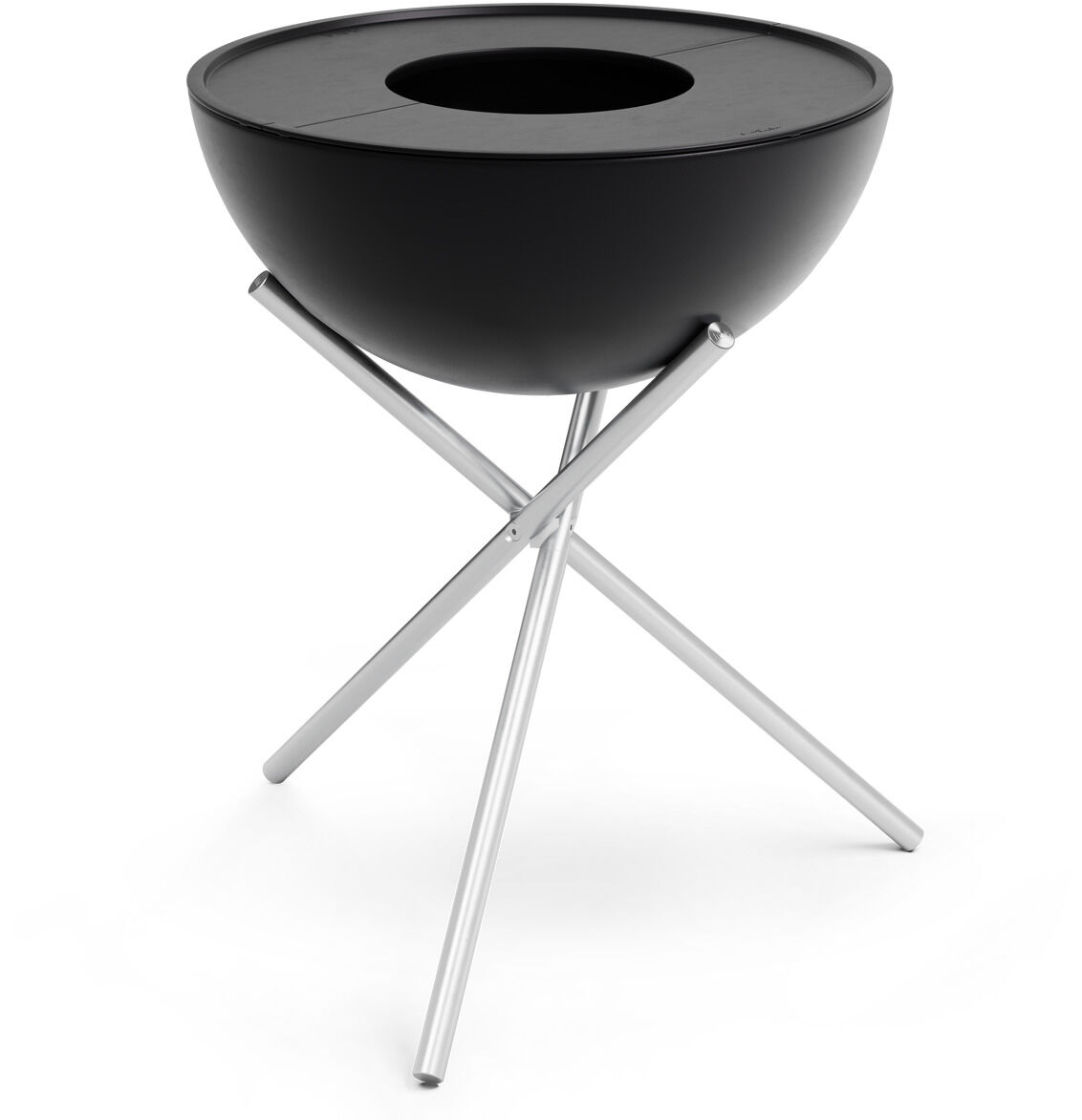 Das »BOWL 57« Plancha-Grillset hoch ist ein moderner, runder Grill in Schwarz mit einem eleganten Edelstahl-Ständer. Ideal für Outdoor-Kochaktivitäten und Grillpartys.