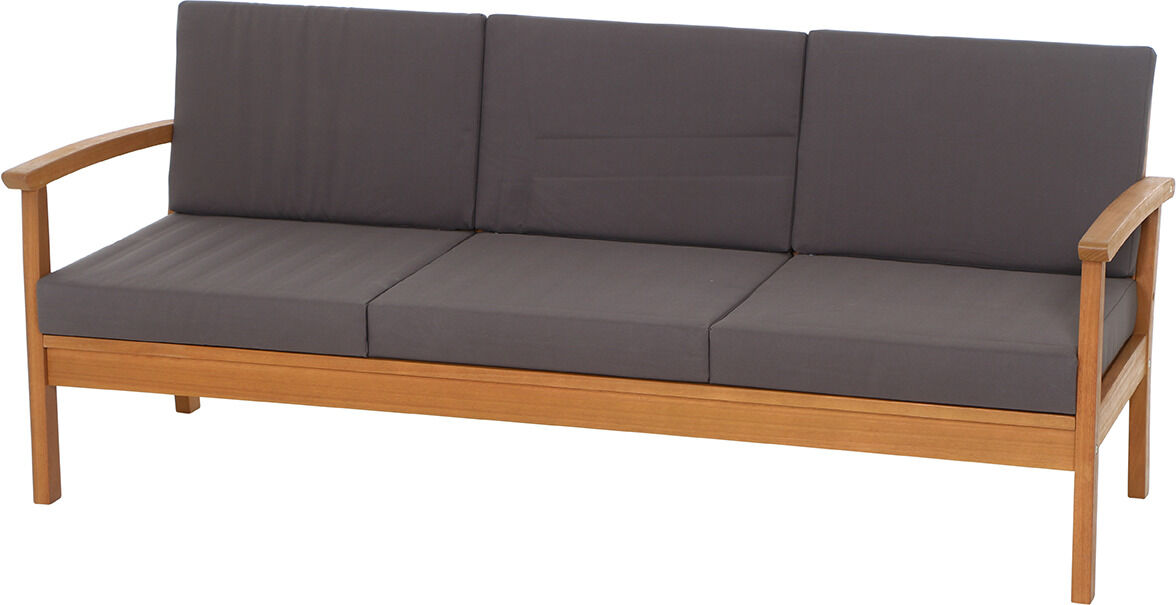 Ein Tavira Lounge Set, bestehend aus vier Teilen mit braunem Holzrahmen und grauen Polstern. Das moderne und gemütliche Outdoor-Möbelstück ist ideal für Garten und Terrasse.