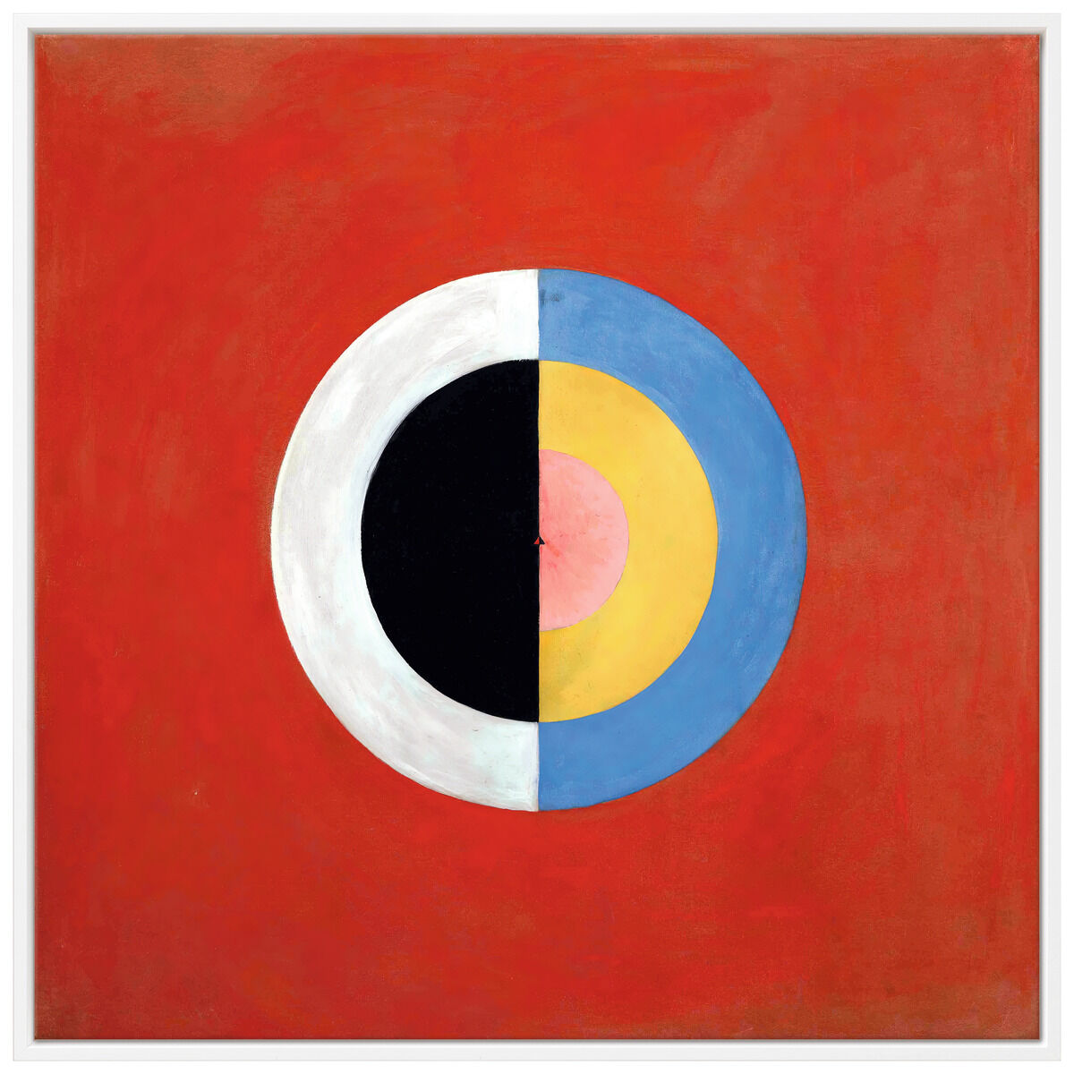Ein Kunstwerk von Hilma af Klint mit dem Titel 'Der Schwan, Nr. 17', bestehend aus einem abstrakten, geometrischen Design auf rotem Hintergrund. Im Zentrum befindet sich ein runder Kreis, der in mehrere farbige Segmente aufgeteilt ist, darunter Schwarz, Weiß, Blau, Gelb und Rosa.