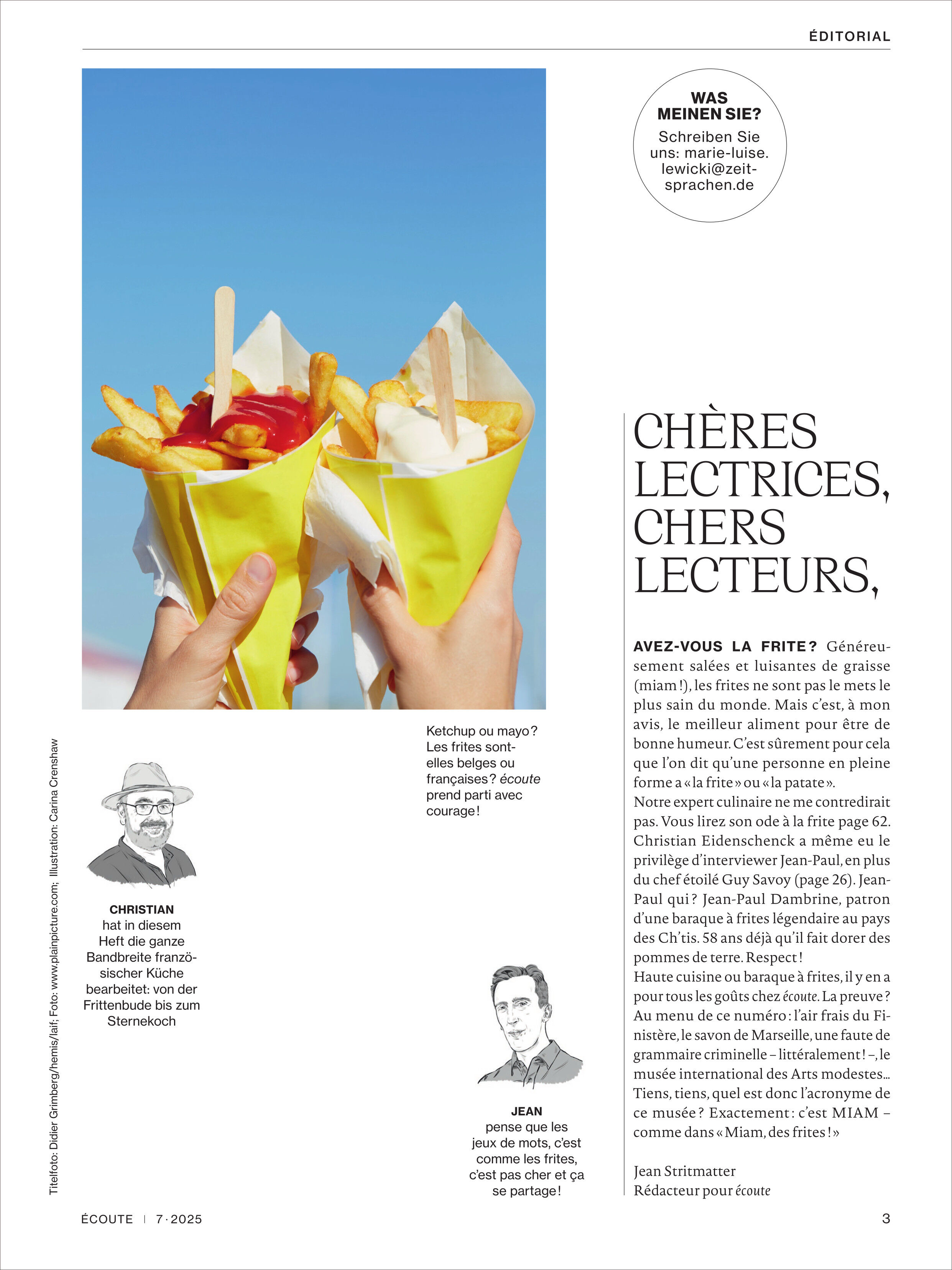 Deckblatt des Écoute Magazins Ausgabe 7/2025. Auf der linken Seite befinden sich Illustrationen von zwei Personen, die Pommes frites in gelben Tüten halten. Rechts steht ein Editorial-Text mit dem Titel 'Chères lectrices, chers lecteurs'. Hintergrund ist blau und wirkt sommerlich.