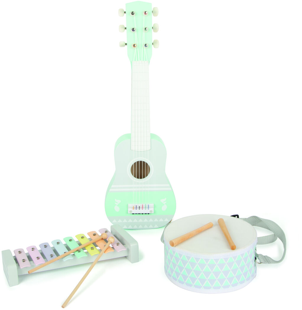 Ein Musik-Set für Kinder, bestehend aus einer mintgrünen Gitarre, einem weißen Tamburin mit pastellfarbenem Muster und einem Xylophon mit bunten Plättchen und zwei Schlägern. Ideal geeignet für musikalische Früherziehung und kreative Spiele.