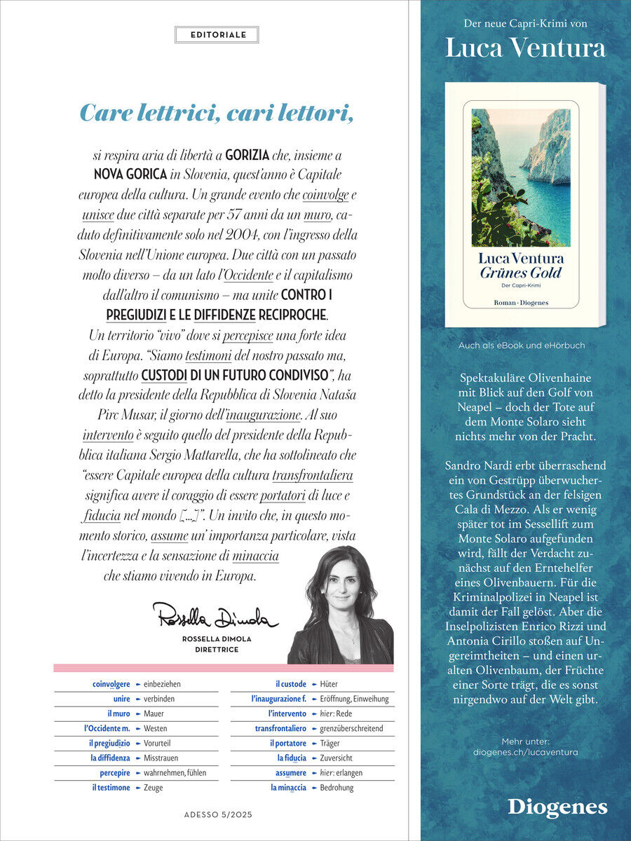 Abbildung des Titelblatts der Zeitschrift 'Adesso Magazin 5/2025' mit dem Schwerpunkt auf literarischen Artikeln und italienischen Themen, begleitet von Bildern und einem Editorial.