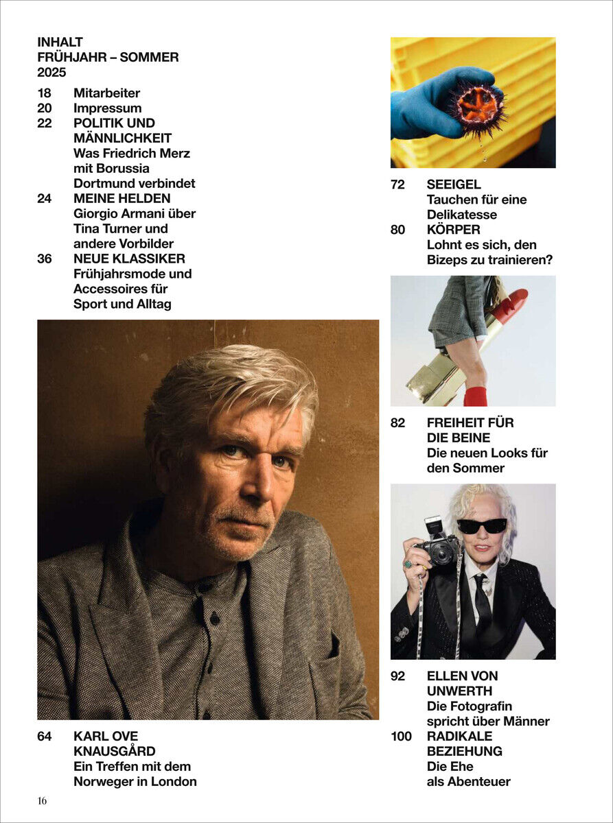 Titelseite des ZEITmagazin MANN 1/25 zeigt Karl Ove Knausgard. Enthält Artikel über Männlichkeit, Politik, Mode und Trends mit begleitenden Fotografien.