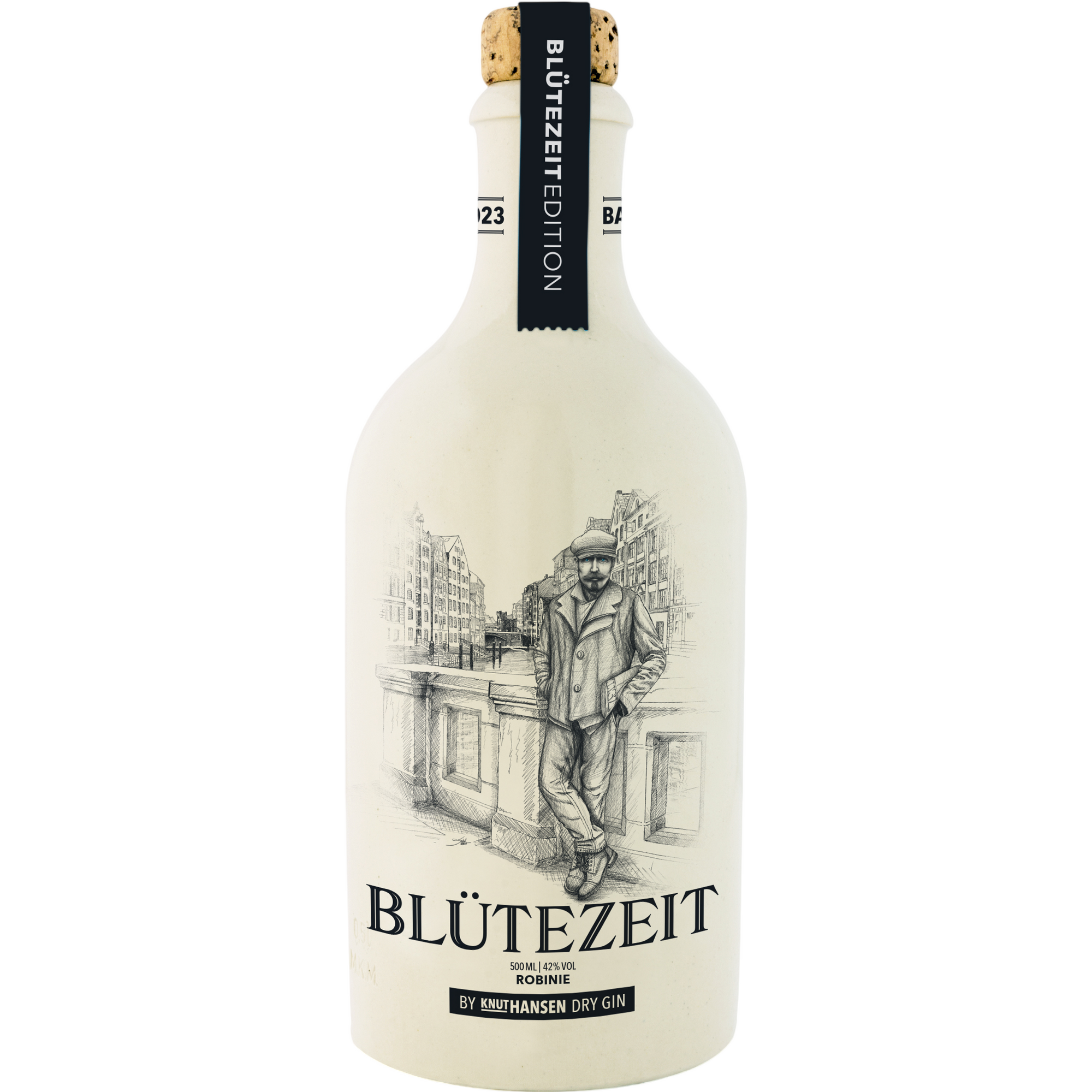 ZEIT-Jubiläumsedition Gin BLÜTEZEIT von Knut Hansen – Keramikflasche mit Hamburger Hafen-Illustration