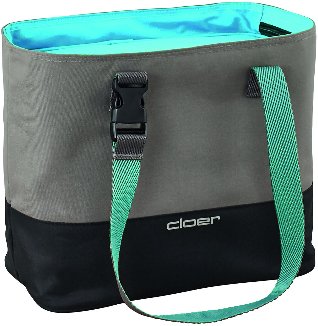 Eine Lunch-Tasche in Grau, Schwarz und Türkis mit einem grünen Umhängegurt und einem faltbaren Verschluss.