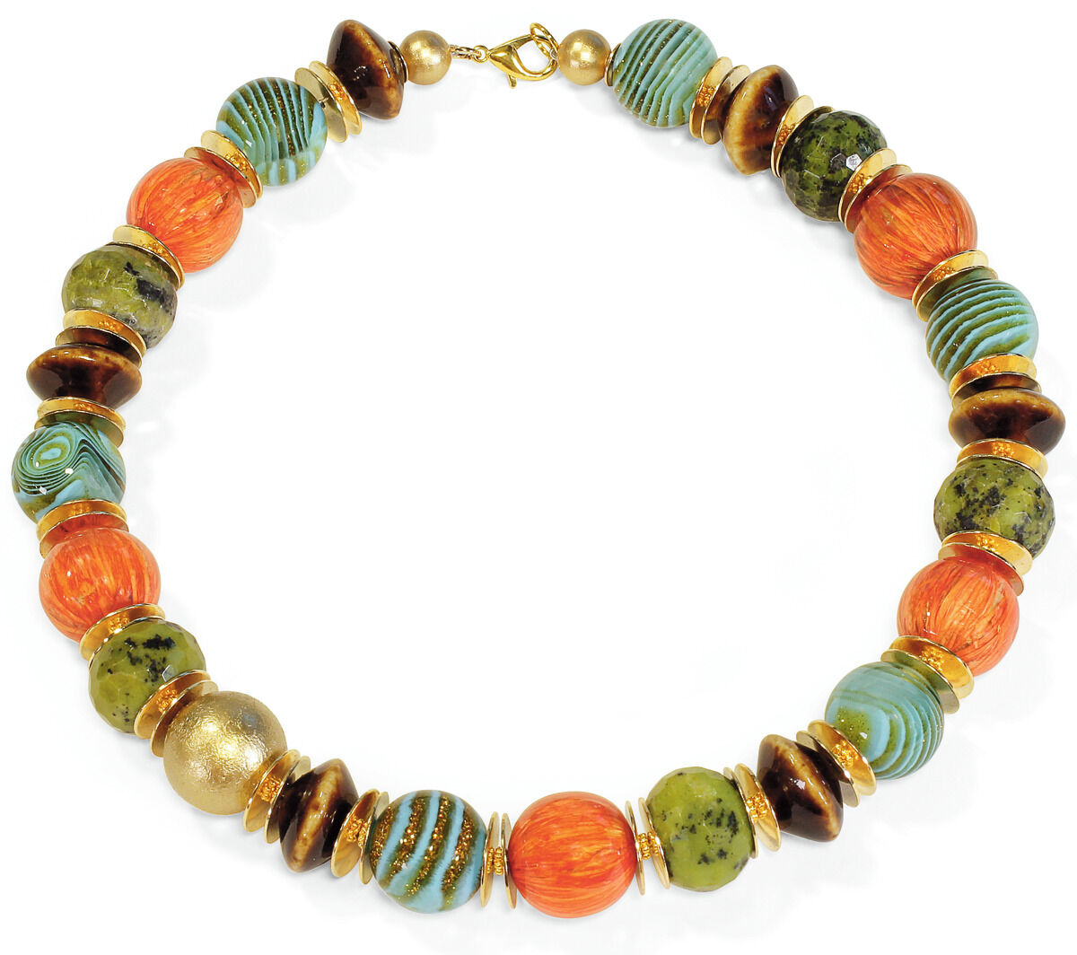 Buntes Collier aus verschieden geformten Perlen in herbstlichen Farben wie Orange, Grün, Braun und Gold, angeordnet in abwechslungsreichem Muster, erhältlich bei Anna Mütz.
