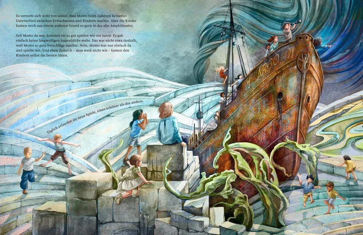 Ein fantasievolles Bild aus dem Buch 'Momo' von Michael Ende. Mehrere Kinder spielen in der Nähe eines großen Schiffes, das von mystischen, pflanzenartigen Kreaturen umgeben ist. Die Szene ist in verschiedenen Blau-, Grün- und Brauntönen gestaltet.