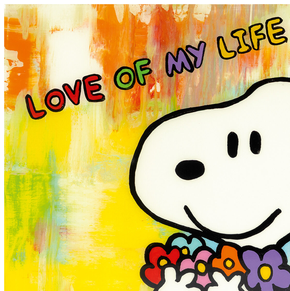 Kunstdruck von Michael Pfannschmidt mit Snoopy in Großaufnahme, umgeben von bunten Blumen. Im oberen Bereich steht „LOVE OF MY LIFE“ in farbenfrohen Buchstaben vor abstrakt gestaltetem gelb-orangem Hintergrund. Ausdrucksstark, modern und farbenfroh.
